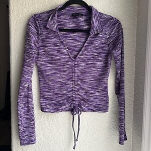 Faded Rose Y2K Style Ribbed Ruched Purple‎ Babydoll Long Sleeve Tie  Crop Top M